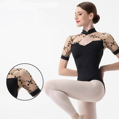 Rosamund Embroidered Mesh Stand Collar Leotard