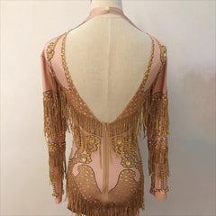 Voresta Crystal Tassel High-Neck Stage Jumpsuit