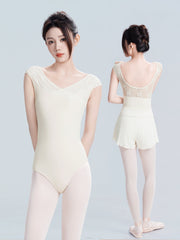 Uravelle Lace Cross-Neck Cap Sleeve Leotard