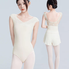 Uravelle Lace Cross-Neck Cap Sleeve Leotard