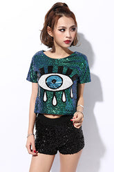 Tivoria Sequin Eye Graphic Oversized Top