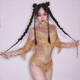 Voresta Crystal Tassel High-Neck Stage Jumpsuit