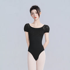 Ione Noir Lace Puff Sleeve Leotard