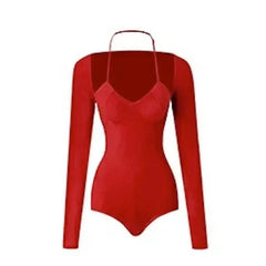 Halter Long Sleeved Backless Bodysuit Leotard