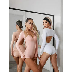 Halter Long Sleeved Backless Bodysuit Leotard