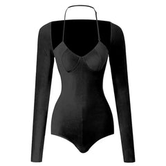 Halter Long Sleeved Backless Bodysuit Leotard