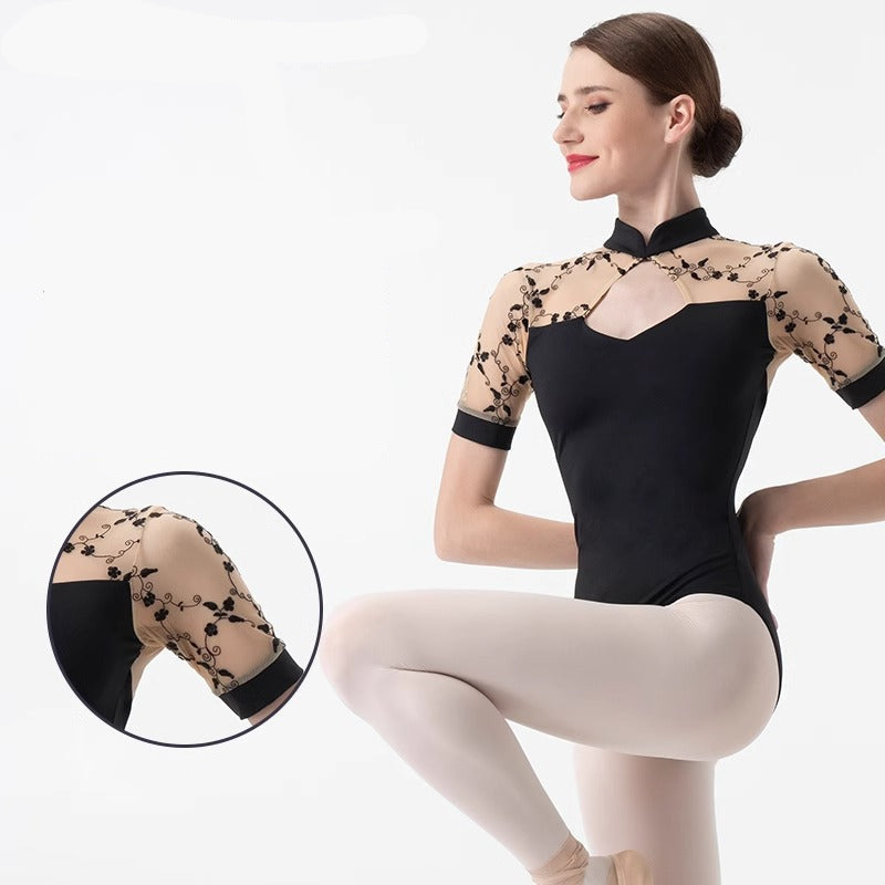 Rosamund Embroidered Mesh Stand Collar Leotard