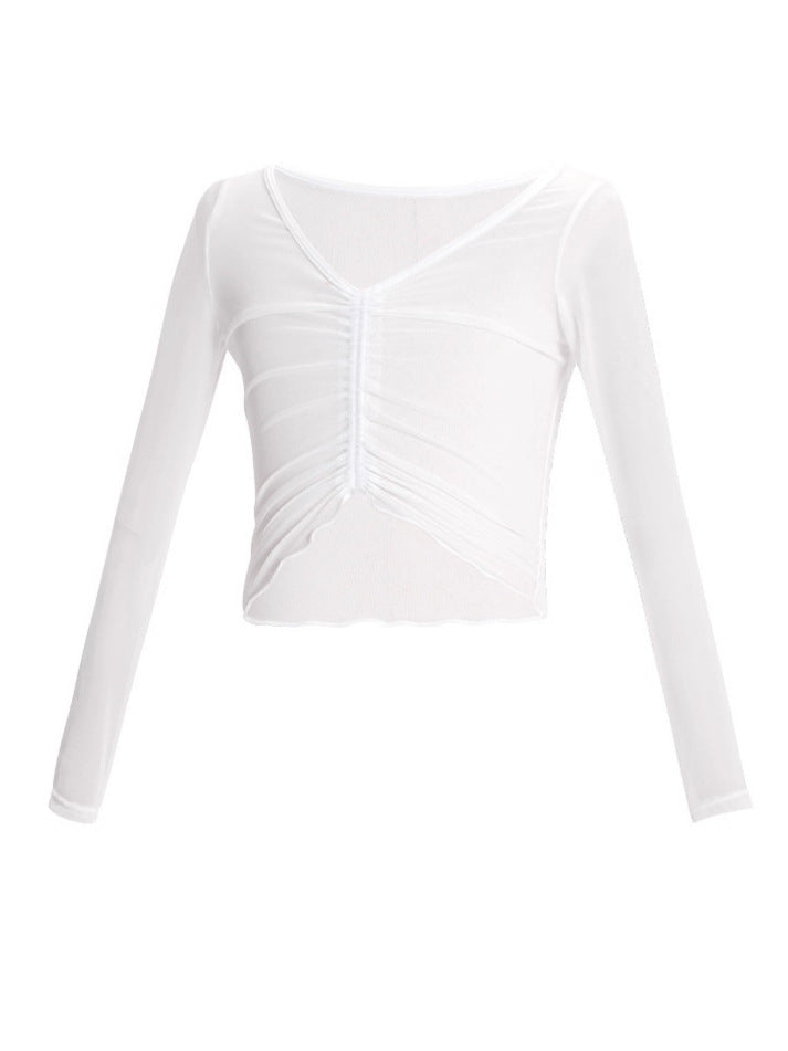 Gavina Sheer Ruched Long Sleeve Wrap Top