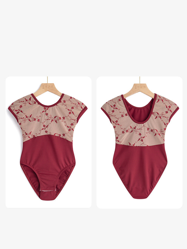 Wysteria Embroidered Mesh Short Sleeve Leotard