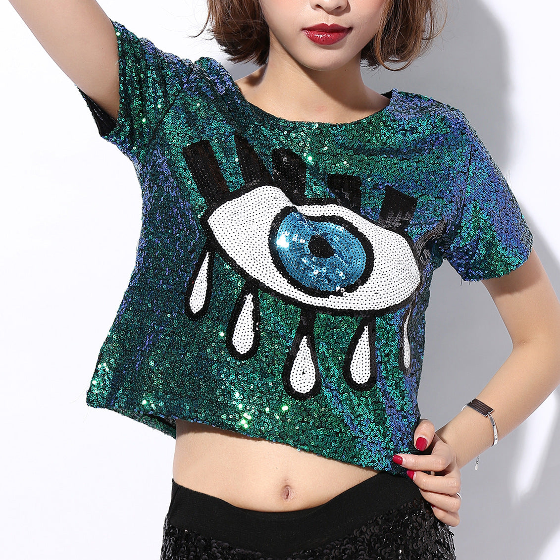 Tivoria Sequin Eye Graphic Oversized Top