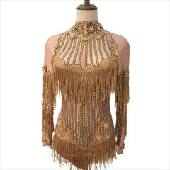 Voresta Crystal Tassel High-Neck Stage Jumpsuit