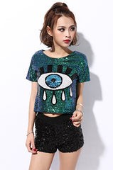 Tivoria Sequin Eye Graphic Oversized Top