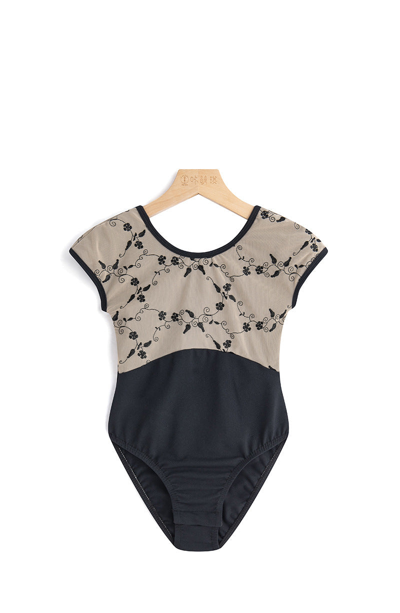Wysteria Embroidered Mesh Short Sleeve Leotard