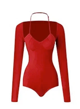 Halter Long Sleeved Backless Bodysuit Leotard