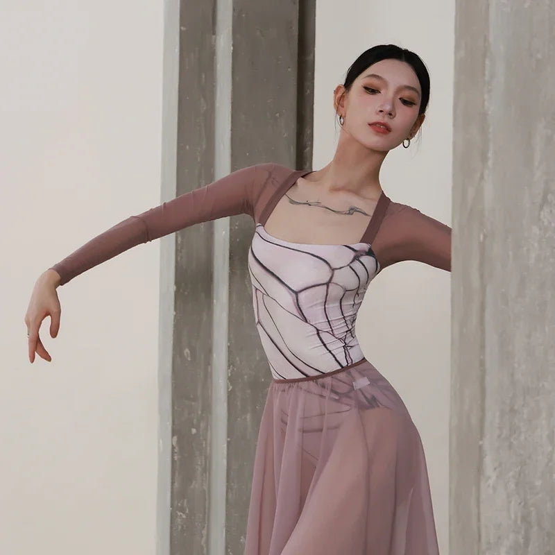 Butterfly-Inspired Ballet Mesh Leotard with Chiffon Wrap Skirt