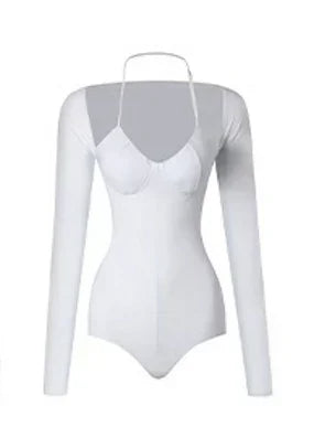 Halter Long Sleeved Backless Bodysuit Leotard