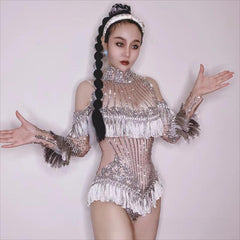 Voresta Crystal Tassel High-Neck Stage Jumpsuit